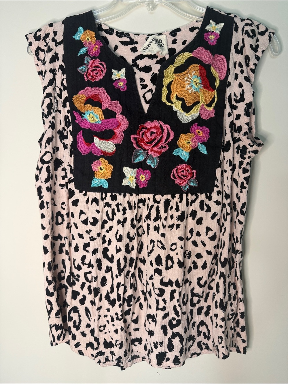 Savanna Jane Pink Leopard Print Sleeveless Top with Embroidered Black Yoke